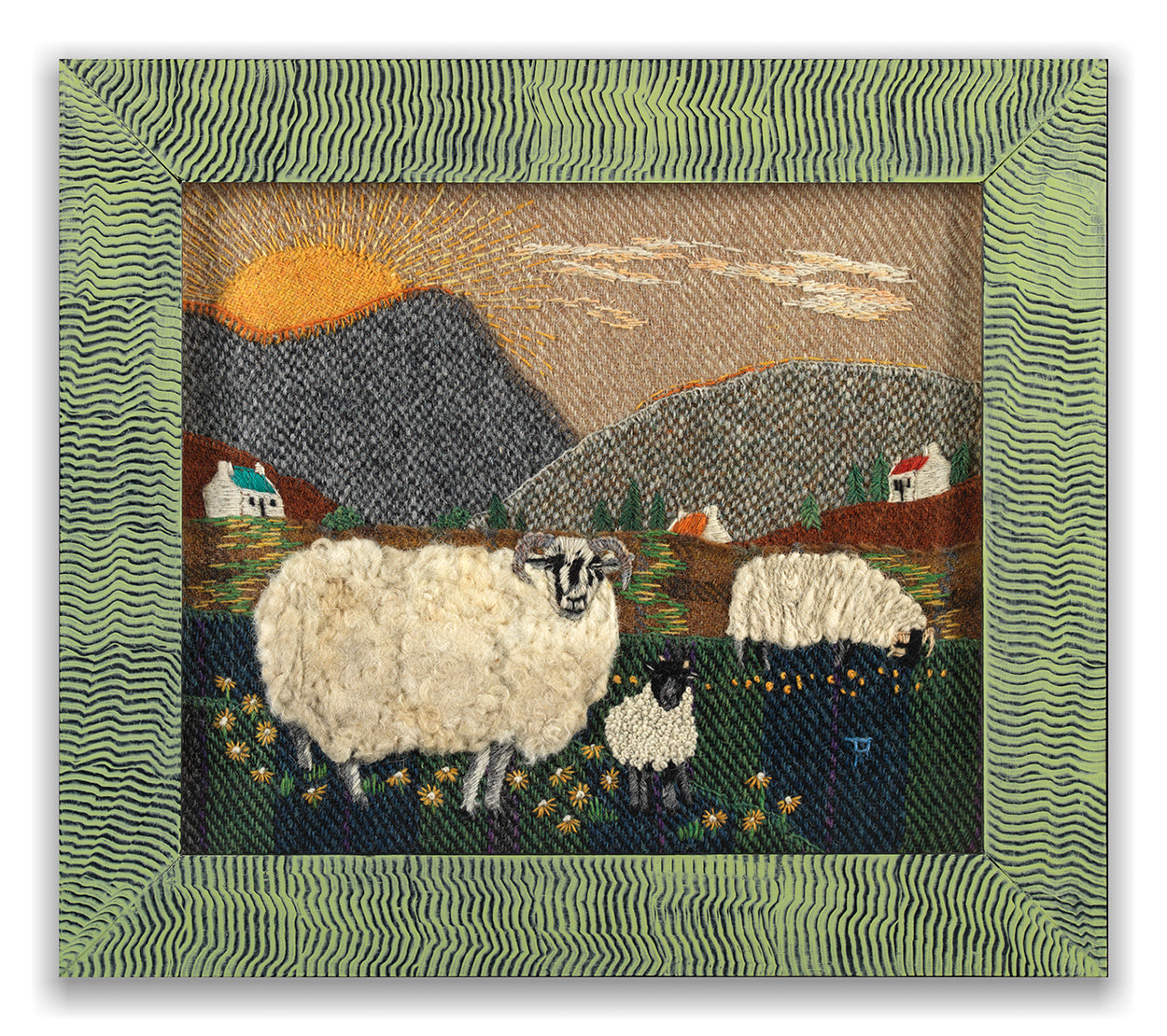 Blackface Ewe, Ram and Lamb with Embroidered Cottages