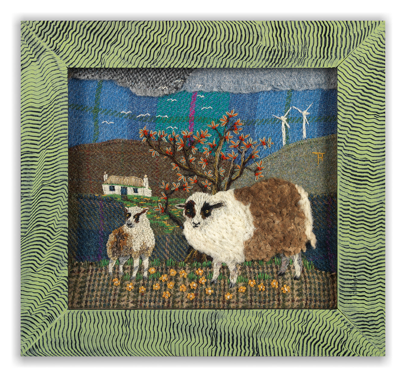 Masked Ewe and Lamb  With Turbines and Thatched Cottage