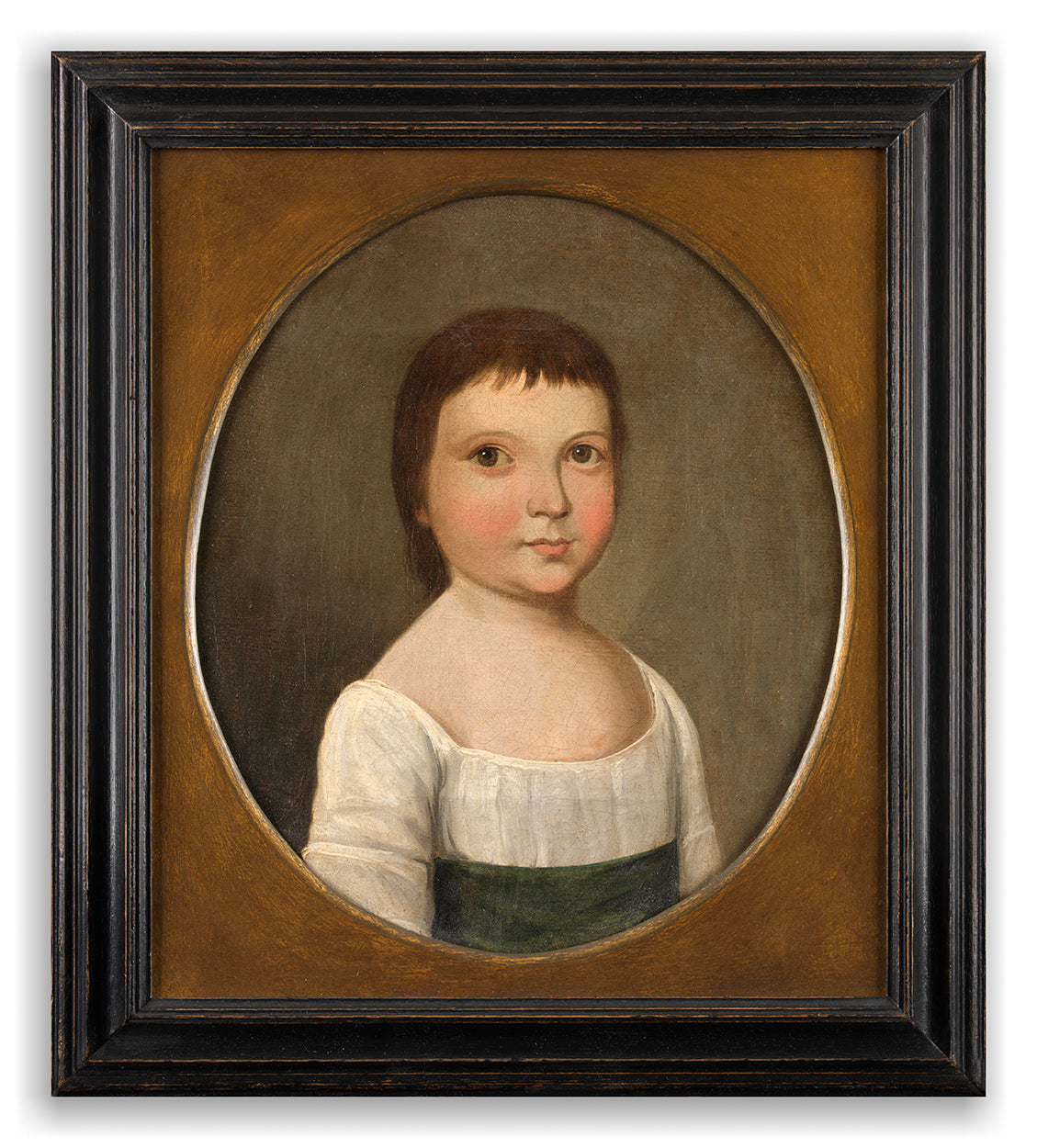 A Compelling Naive Oval Portrait of a Child with Brown Eyes