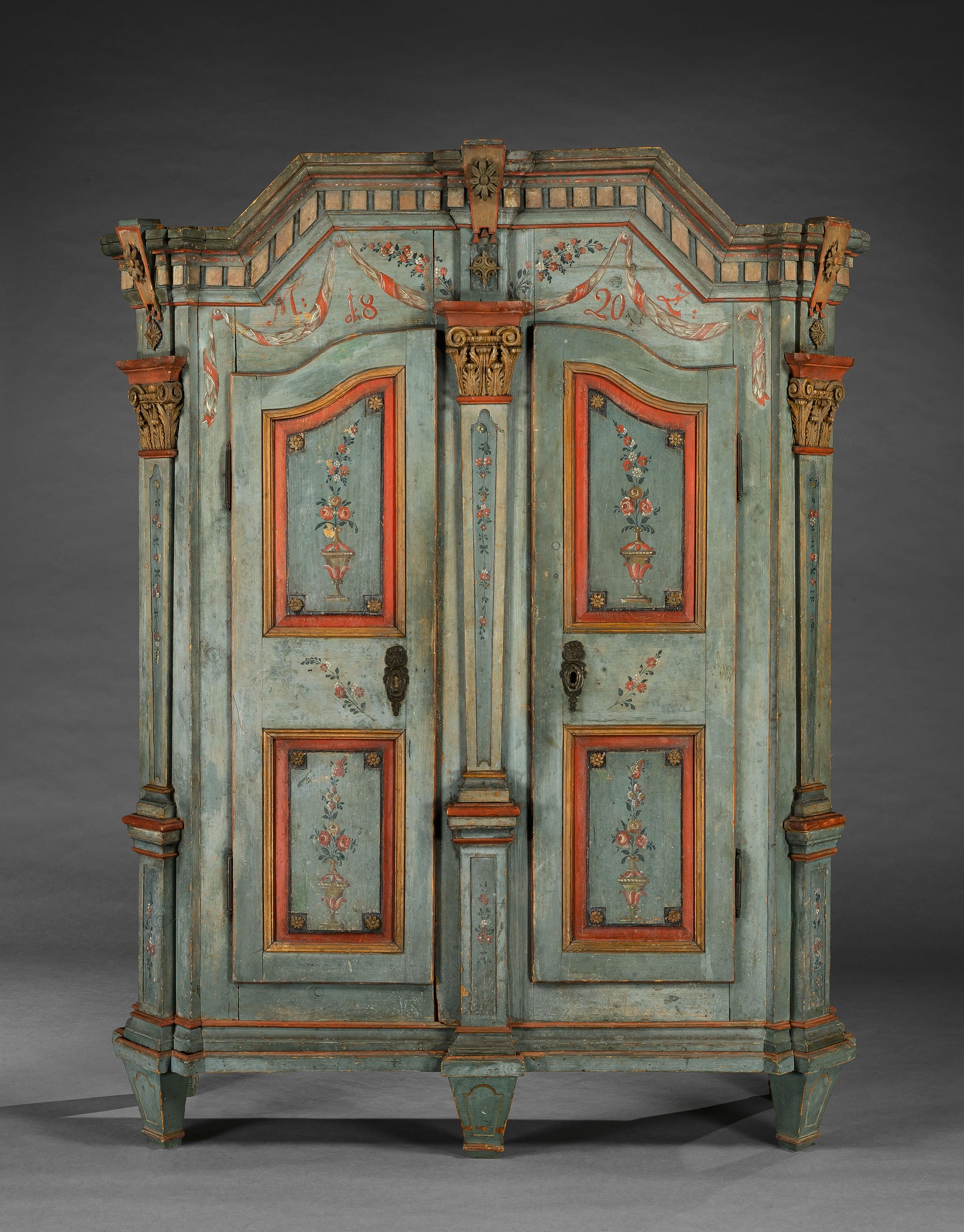 Exceptional Paint Decorated Folk Art Marriage Cupboard