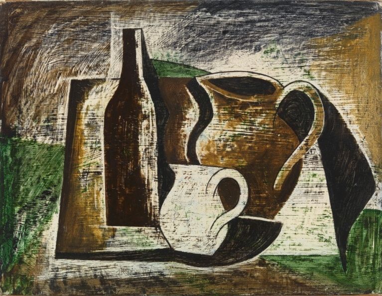 Composition with Two Pot Bellied Jugs and a Bottle