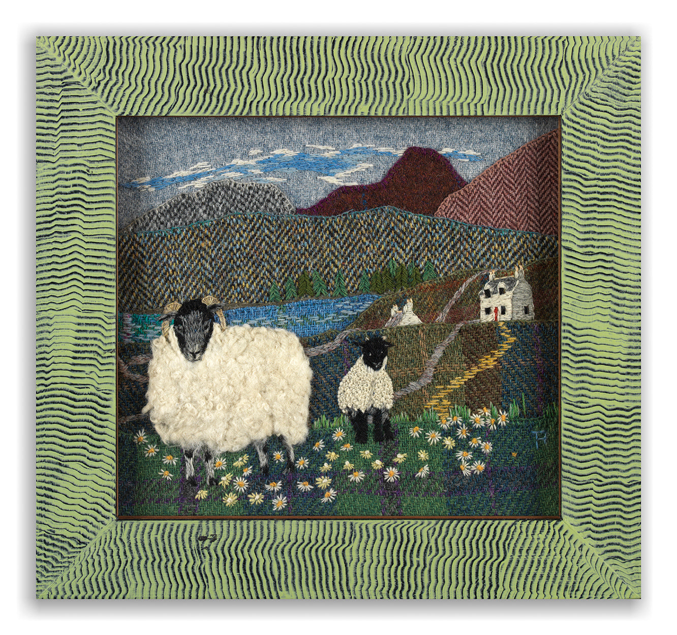 Blackface Ewe and Ram in a Field of Daisies  with Crofter’s Cottages