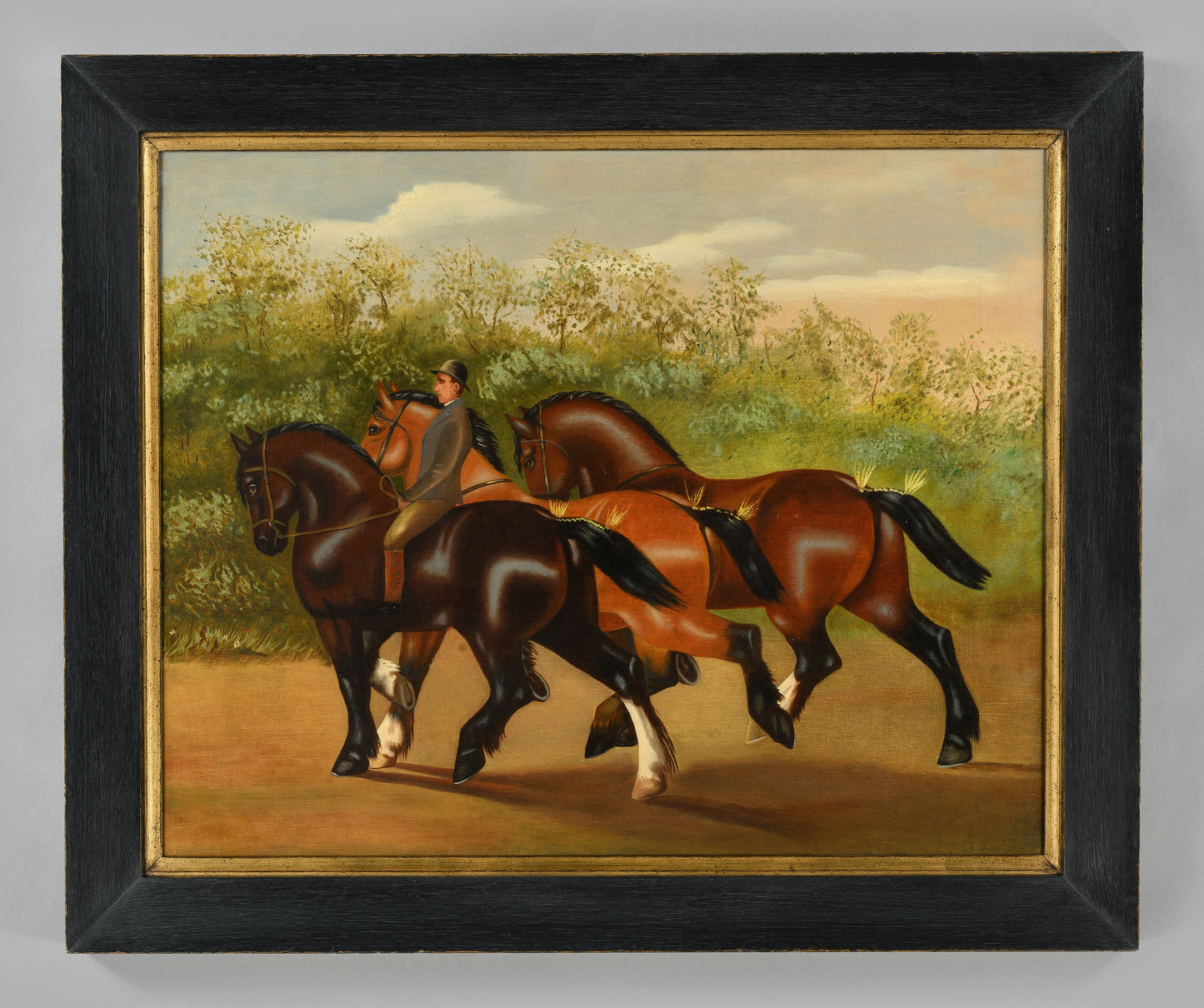 “Three Shire Horses and Groom" English Naive School Equestrian Portrait