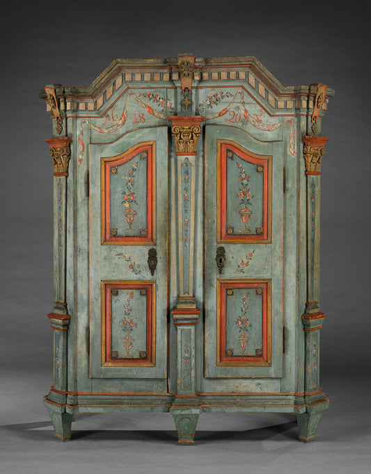Exceptional Paint Decorated Folk Art Marriage Cupboard