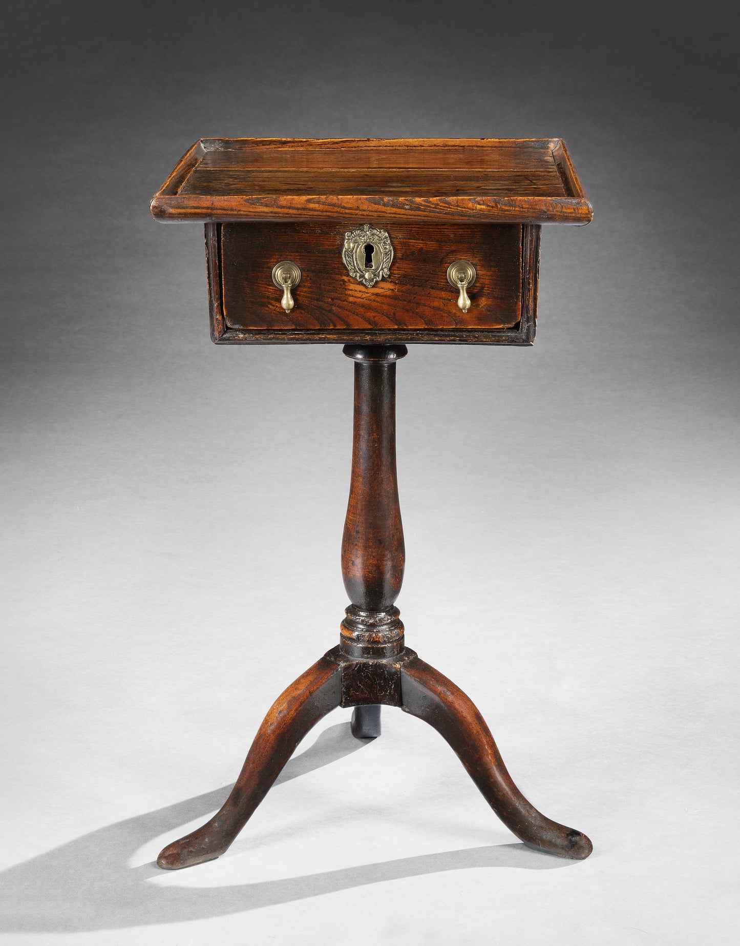 Remarkable Early Rectangular Tray-Top Tripod Candlestand
