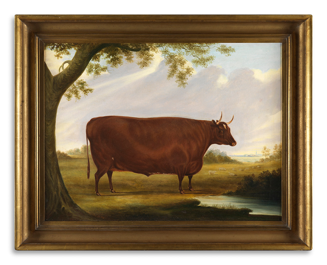 Depicting a Large Square Brown Bull in a Stylised Landscape