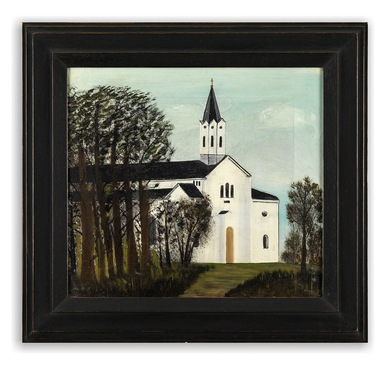 Unusual Primitive Painting of a White Church