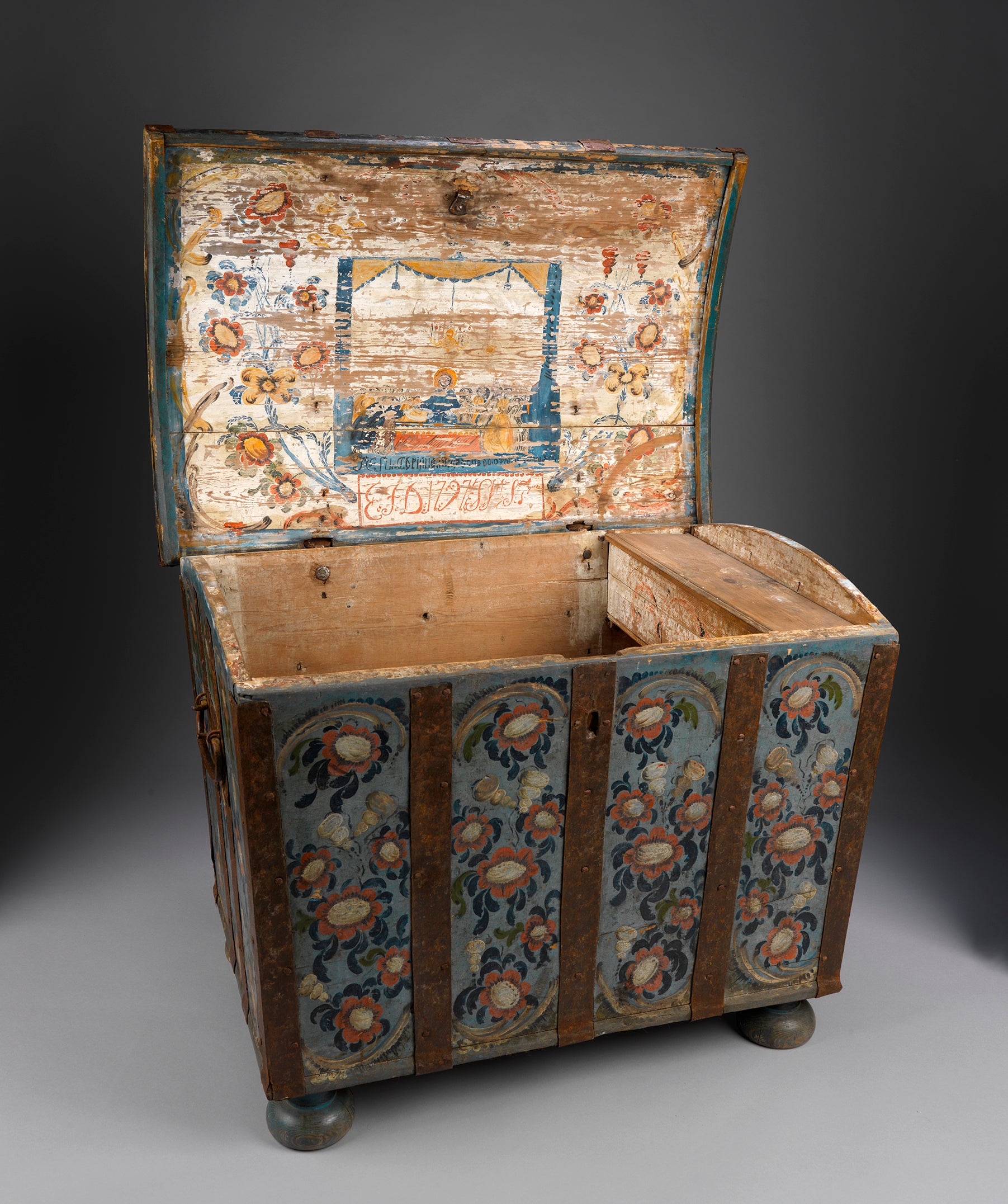Fine Early Paint Decorated Folk Art Marriage Chest
