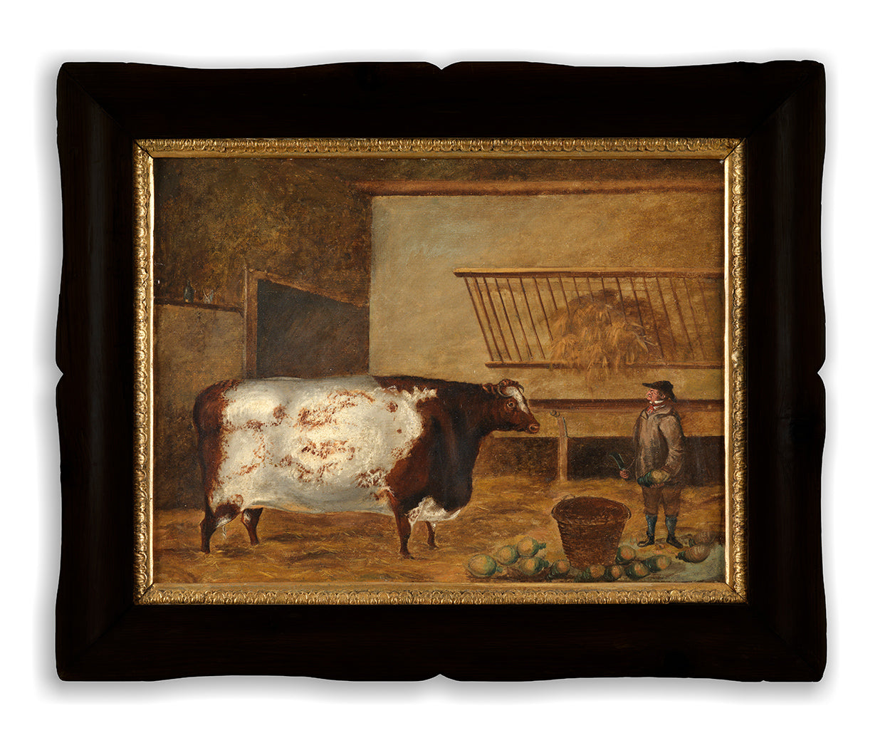 Unusual Naive Livestock Portrait of an Ox and Cowhand in a Byre