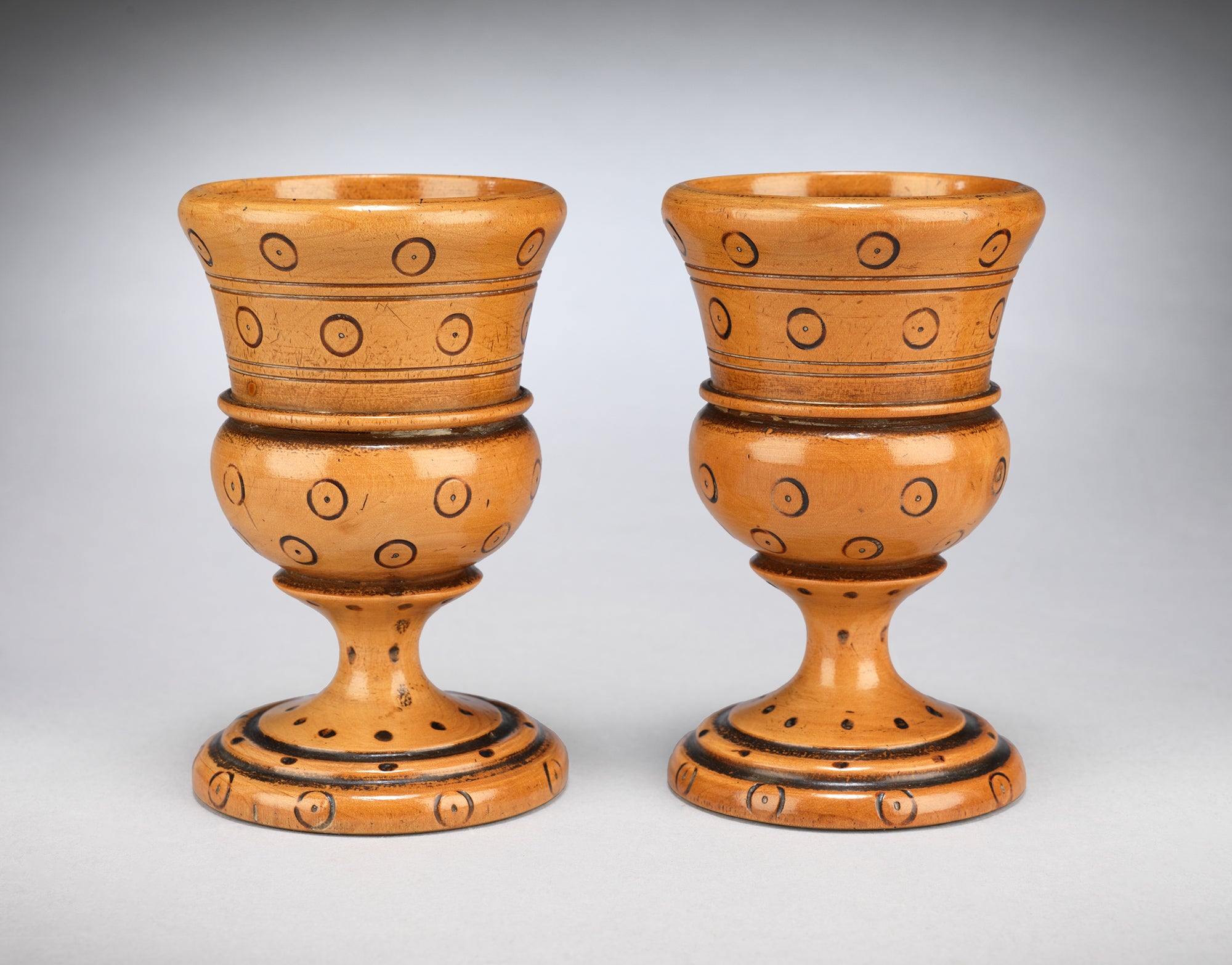 A Rare Pair of Roundel Decorated Treen Vessels