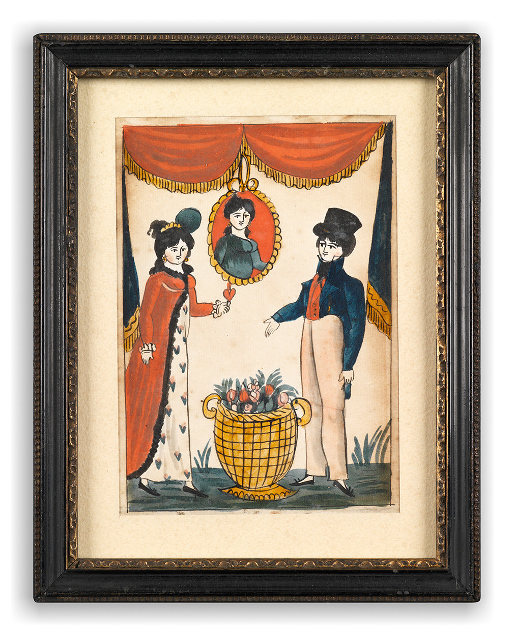 Fine Pair of Naïve Folk Art Watercolours of a "Courting Couple"
