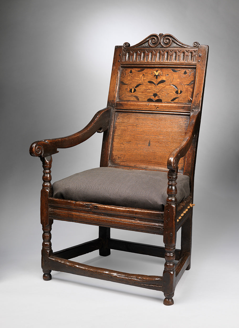 Unusual Twin Ram's Horn Scroll Crested Wainscot Chair