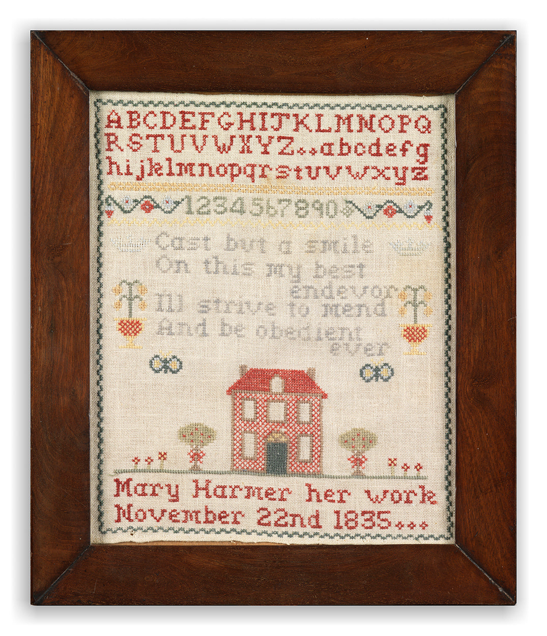 A Delightful Naive Schoolgirl House Sampler by "Mary Harmer"