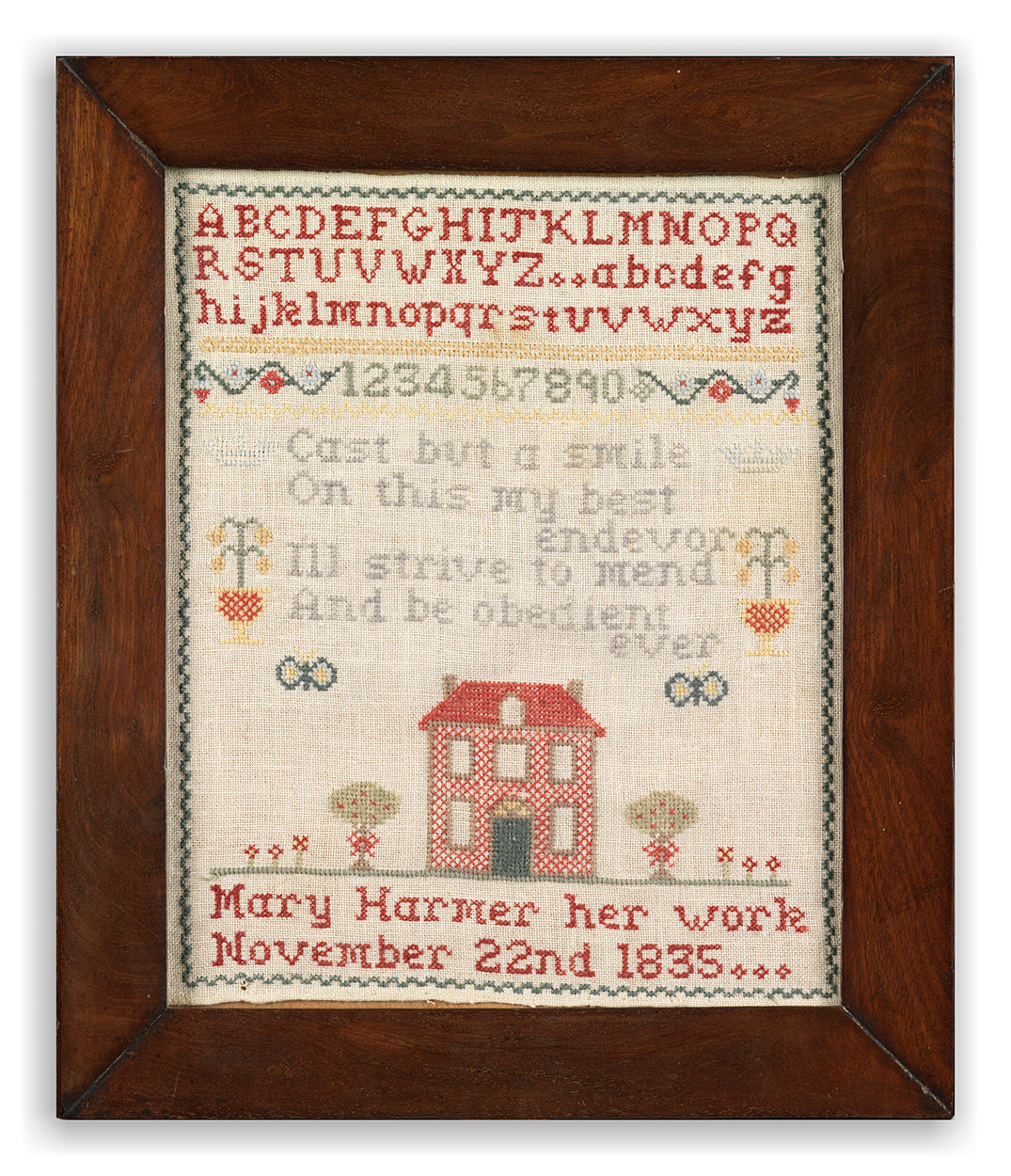 A Delightful Naive Schoolgirl House Sampler by "Mary Harmer"