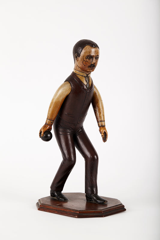 Rare Folk Art Sculpture of a Man Playing Bowls