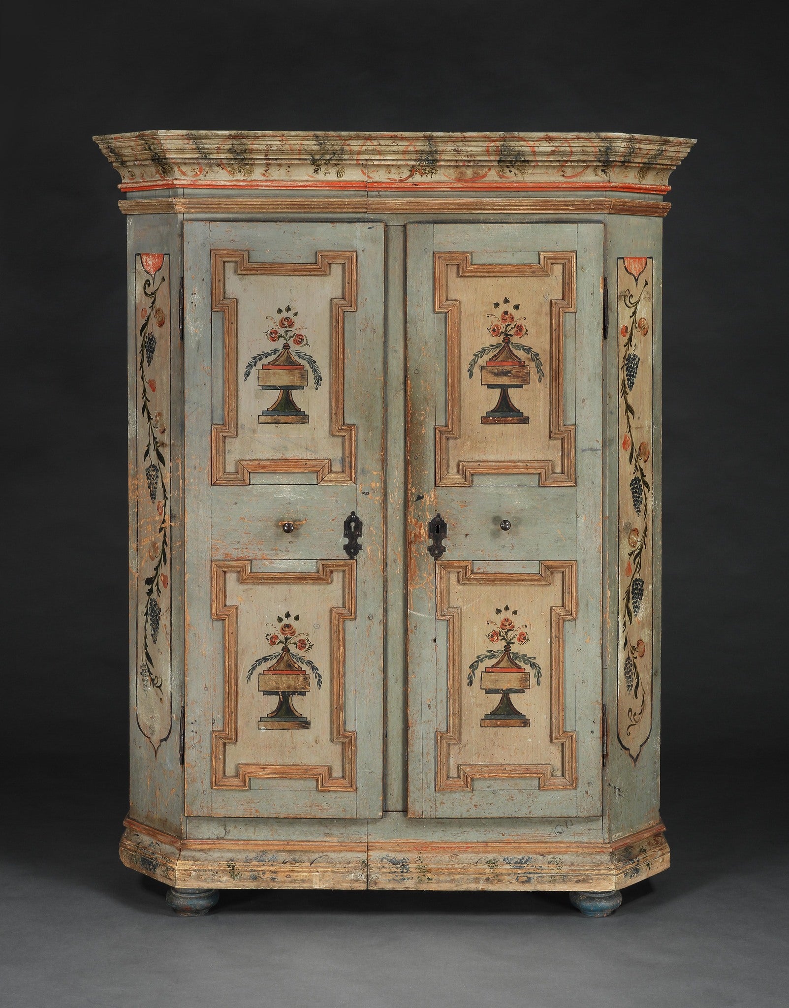 Exceptional Geometrically Moulded Two Door Painted Marriage Cupboard