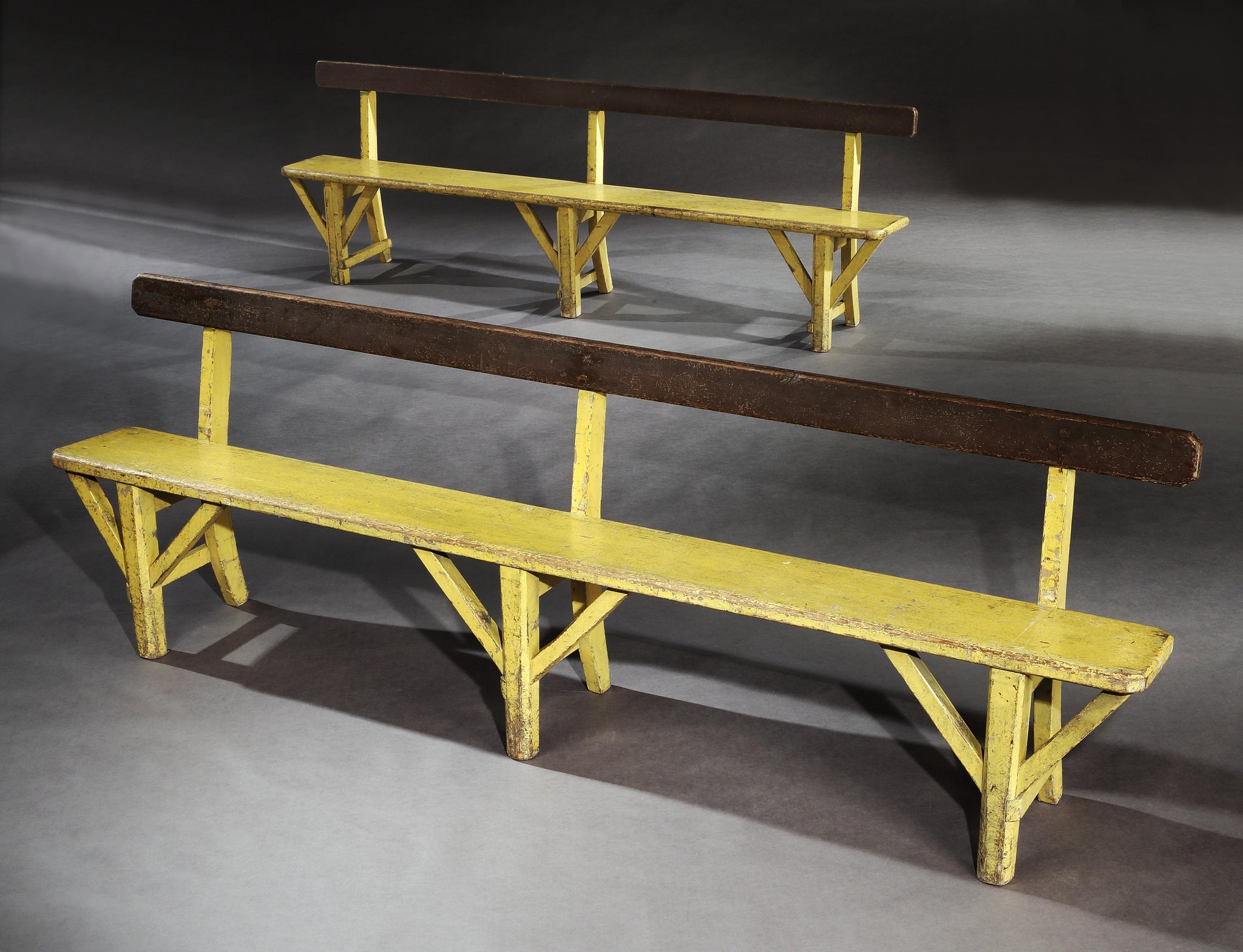 Two Unusually Graphic Single Plank Bench Seats