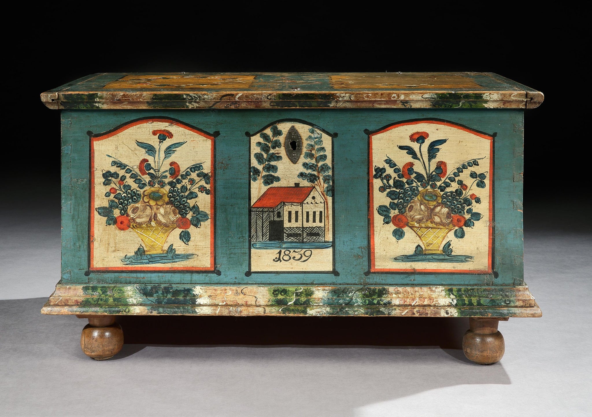 An Exceptional Paint Decorated Folk Art Marriage Chest