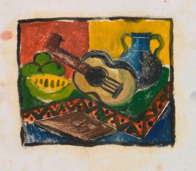 Composition Sketch with a Twin Handled Vase, Fruit and a Guitar