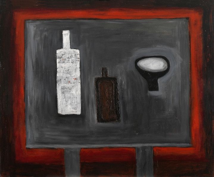 Composition with Two Bottles and Crooked Bowl