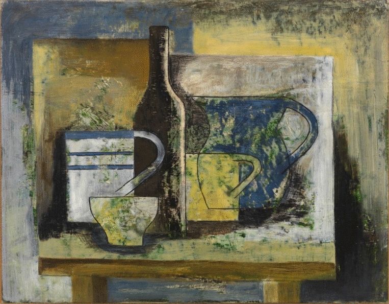 Composition with Bowl, Two Mugs, Bottle and Jug