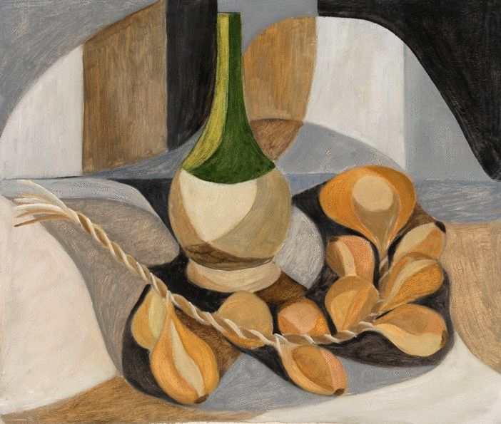 Composition With A String of Shallots and Wine Bottle