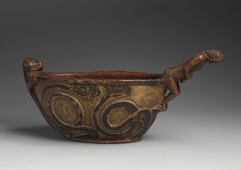 Rare Early Figure Carved Ceremonial Drinking Bowl