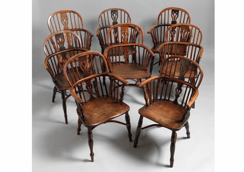 A Harlequin Set of Eight Bow and Splat Back Windsor Chairs