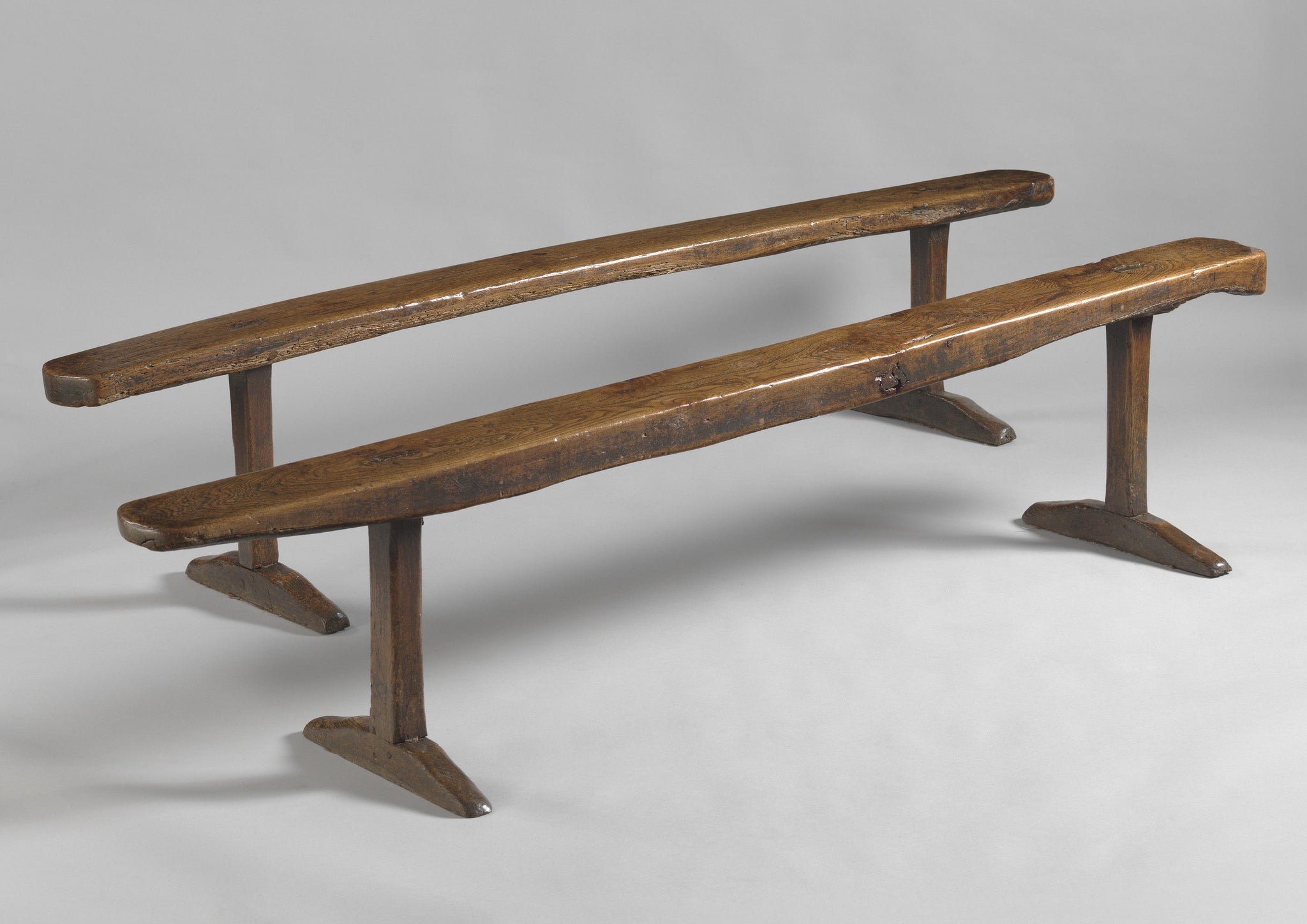 Fine Graphic Pair Of  Early “T” Trestle Benches