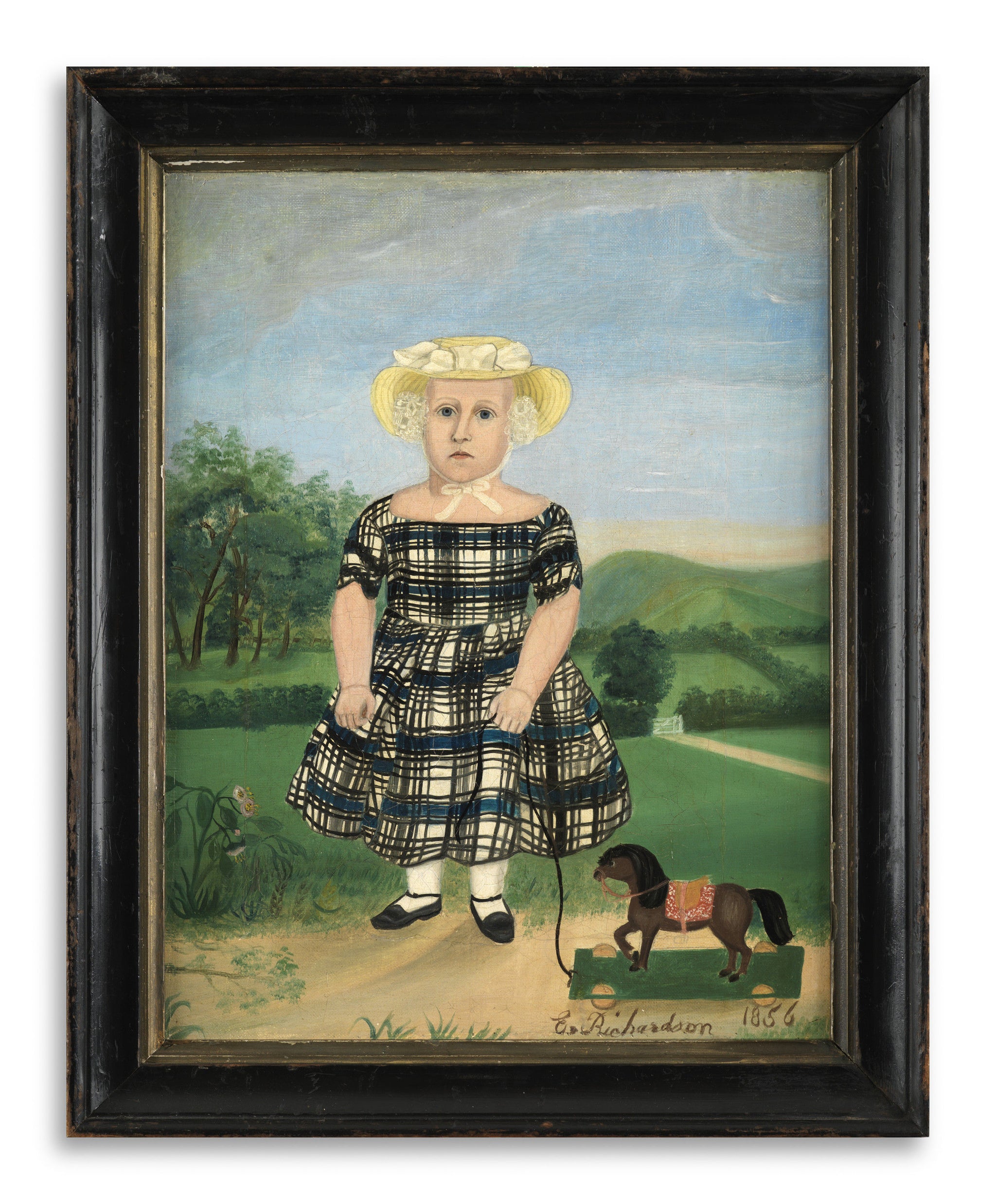 Fine Naive Portrait of a Child With a Horse Pull Toy