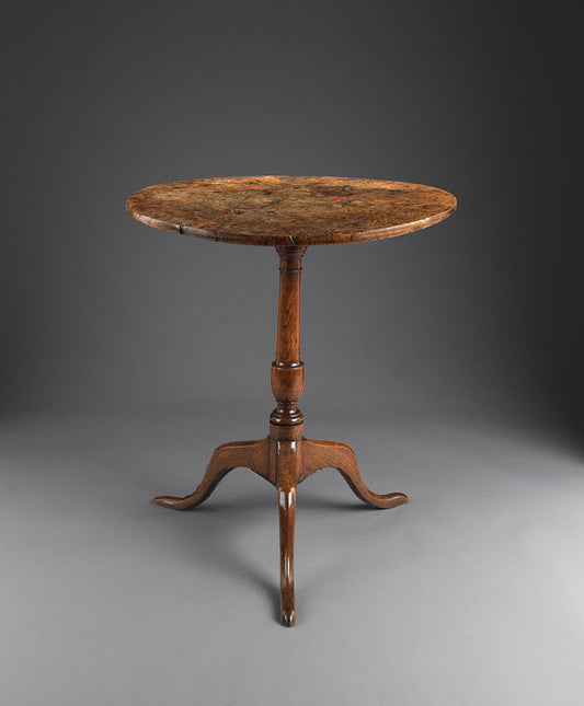 Exceptional  Large Burr Oak Top Tripod Wine Table 