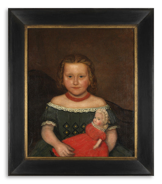 Young Girl Holding a Doll in a Red Dress